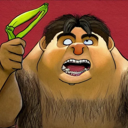 Image similar to courtroom sketch of Grug from the Croods on trial for eating all the bananas