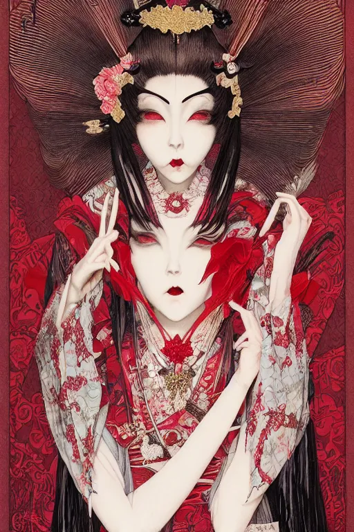 Image similar to avant - garde japanese bjd geisha vampire queen in victorian red dress in the style of dark - fantasy lolita fashion painted by yoshitaka amano, takato yamamoto, james jean, dmt art, symmetrical vogue face portrait, volumetrics, intricate detail, artstation, cgsociety, artgerm, gold skulls, rococo