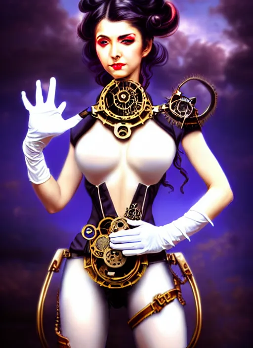 Prompt: front portrait hands on waist pose of attractive Lady Mechanika with wavy hair using white gloves, hand on waist pose!, Intricate steampunk imagery , D&D!, fantasy style, sharp focus!, ultra detailed, art by Artgerm and Peter Andrew Jones, WLUP