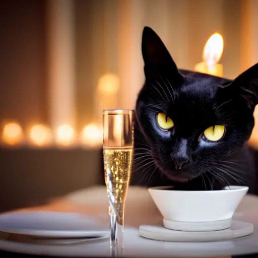 Prompt: a photo of a black cat drinking expensive champagne in a fancy dark bar, mood lighting, candles, f 1. 8, iso 1 6 0 0