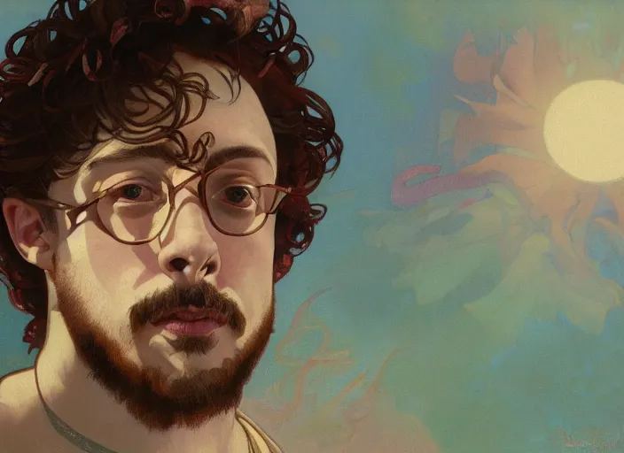 Prompt: Sam Hyde wearing luxuruous hawaiian vintage shirt, rule of thirds, accurately portrayed, portrait art by alphonse mucha and greg rutkowski, highly detailed, digital painting, concept art, illustration, ethereal lighting with twilight rays of sunlight, trending on artstation, very detailed, smooth, sharp focus, octane render, close up