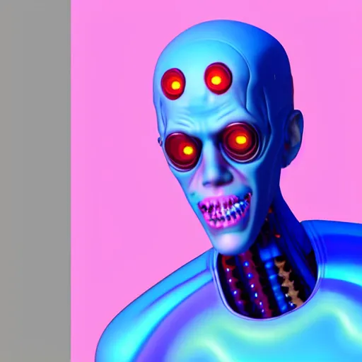 Prompt: a detailed 3 d render of a sad pete davidson poorly disguised as a cyborg in the style of junji ito and lisa frank, vray, 8 k, ornate, photorealistic, zbrush, unreal engine, cinema 4 d, octane renderer