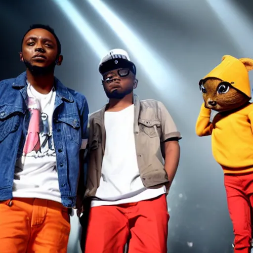 Prompt: kendrick lamar brings alvin and the chipmunks on stage to rap with him