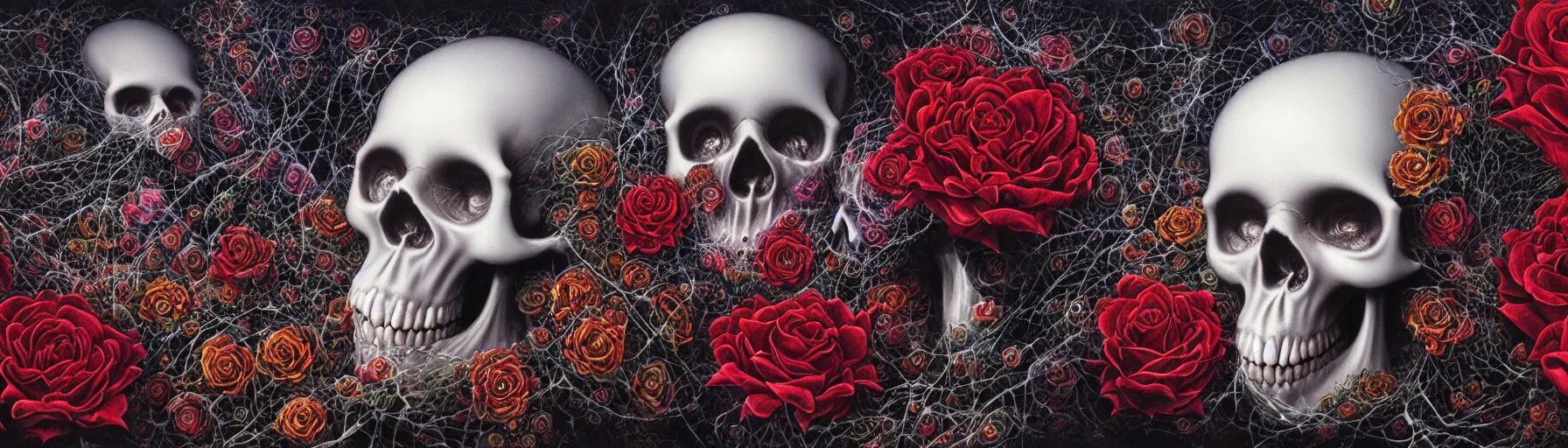 Image similar to the ghost in the machie, dense web of neurons firing, psychedelic lights and fog, skull and roses and gnr imagery, zdzislaw, ayami kojima, yamamoto, barclay shaw, karol bak, hyperrealist, 8 k