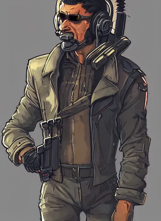 Image similar to Menacing Hector. buff cyberpunk mercenary wearing a cyberpunk headset, military vest, and jumpsuit. square face. Concept art by James Gurney and Laurie Greasley. Industrial setting. ArtstationHQ. Creative character design for cyberpunk 2077.