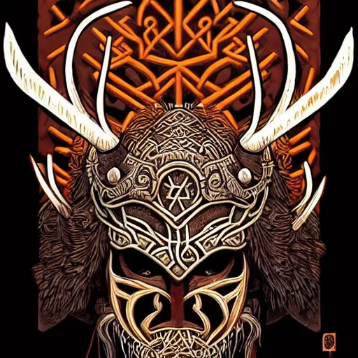 Image similar to barong family member, viking warrior, viking beard, reindeer horns, runic inscription, mammoth, wiwek, mara demon, one single tribe member, jungle, one single mask, dark, ancient warrior, tribal, inner glow, art by dan mumford and justin gerard