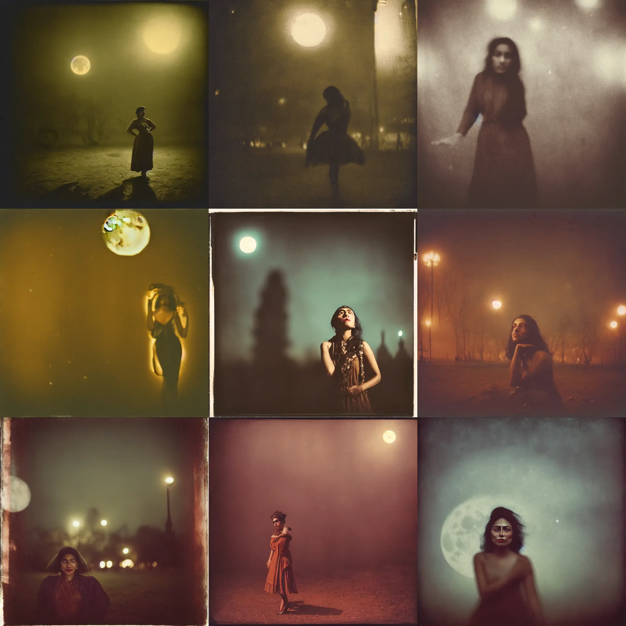 Prompt: beautiful brown woman, kodak portra 4 0 0, wetplate, muted colours, mexico city park, 1 9 1 0 s style, motion blur, portrait photo of a backdrop, city lights, full moon, sparkling, fog, by georges melies and by britt marling