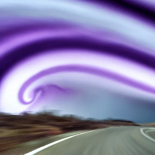 Image similar to white minivan driving away from a purple tornado