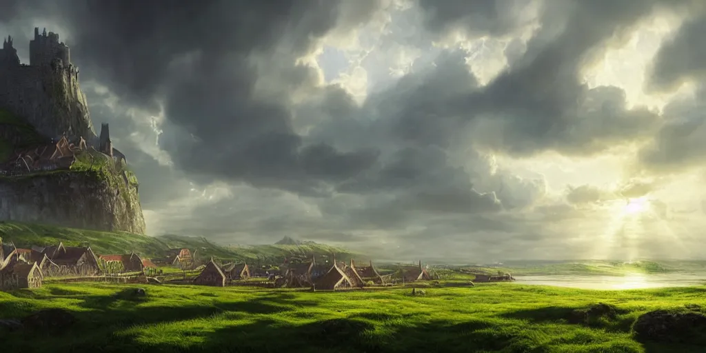 Image similar to beautiful viking city made from wood, green fields, sea, magic, gorgeous clouds, white marble, god rays, digital art, landscape, fantasy art, octane render, ureal engine, high detail, very realistic, by greg rutkowski. by james gurney