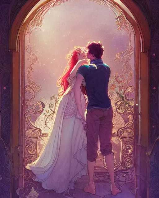 Prompt: secret romance, highly detailed, gold filigree, romantic storybook fantasy, soft cinematic lighting, award, disney concept art watercolor illustration by mandy jurgens and alphonse mucha and alena aenami, pastel color palette, featured on artstation