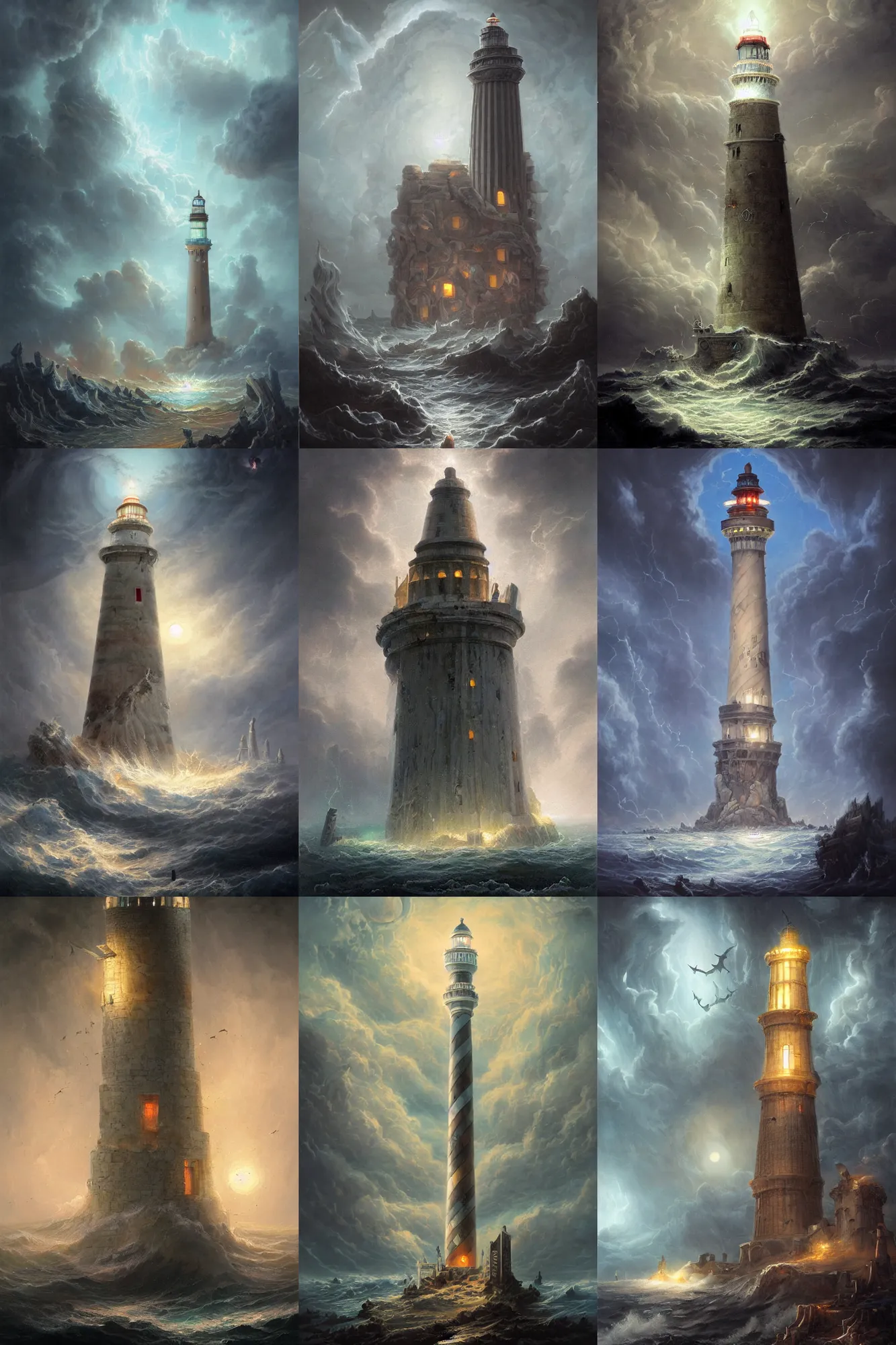 Prompt: detailed exterior shot of stormy desecrated foul lighthouse of alexandria, light of hell, moonlight shafts, swarm of bats, stormy atmosphere, in style of peter mohrbacher, cinematic lighting