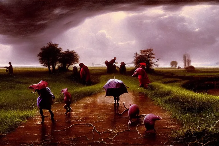 Prompt: a family of rats scurrying across a drenched field in a torrential rainstorm, in the style of andrei tarkovsky, intricate and epic composition, red by caravaggio, insanely quality, highly detailed, masterpiece, purple light, artstation, 4 k