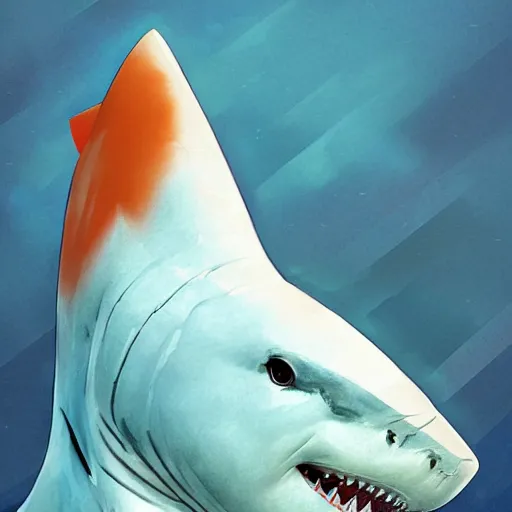 Image similar to great white shark, side view, with a conical orange traffic cone on its dorsal fin - ron cheng & alphonse mucha, highly detailed, digital painting, ray tracing, concept art, illustration, smooth sharp focus, intricate, symmetry, artstation,