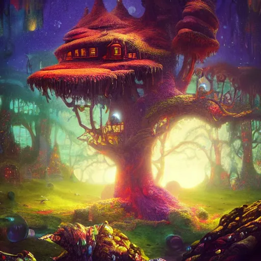 Prompt: detailed concept colorful fantasy painting of a transcendental treehouse, artwork by Paul Lehr and Lexander Jansson, framed focus, cinematic lighting, hyperdetailed, 8k, high resolution, insanely detailed and intricate, octane render