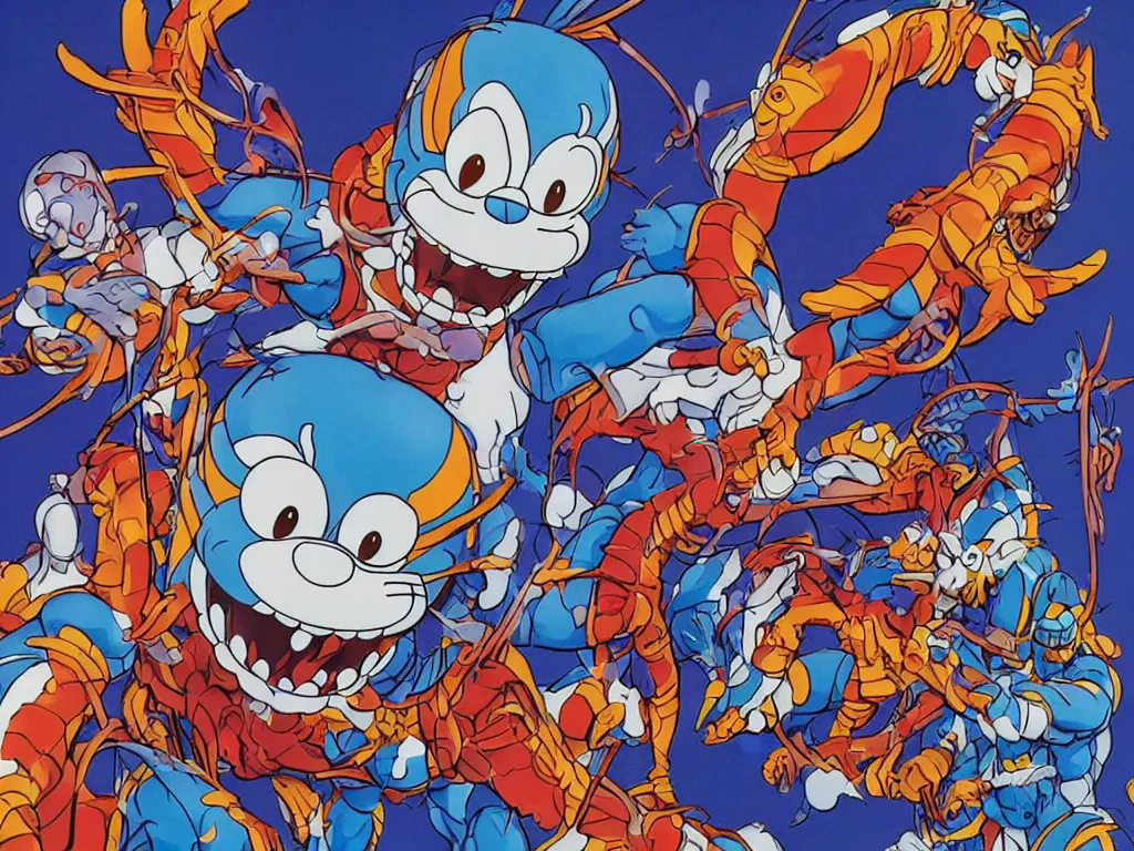 Image similar to Jeff Koons Doraemon Dorami Street Sharks Venom Galaxy Rangers Fractal Dragon statue, in the style of Hajime Sorayama, Max Fleischer, Boris Vallejo, Syd Mead