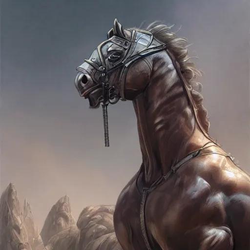 Image similar to a musclebound anthropomorphized horse with mountainously bulging muscles wearing a tight leather battle outfit while protecting a facility, equine, highly detailed, digital painting, artstation, sharp focus, game art, concept art, illustration, art by artgerm, greg rutkowski, wlop