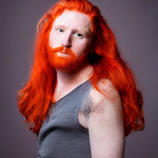 Image similar to a color photo portrait of a man with red hair in the style of richard avedon, 7 5 mm lens, studio lighting.