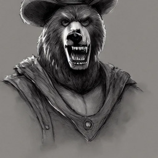 Image similar to dashing charming grinning charismatic bear beast-man rogue, wearing captain's tricorne hat, naval background, amazing, lifelike award winning pencil illustration trending on art station artgerm Greg rutkowski cinematic