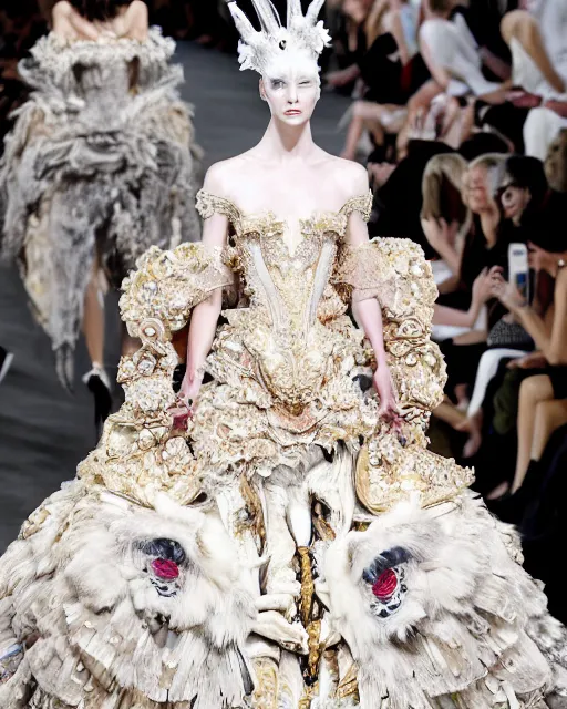 Image similar to fashion model walking down a catwalk, elaborate dress by alexander mcqueen, detailed face, beautiful feminine face, art by julia hetta and giampaolo sgura and pamela hanson and david roemer and mario testino and lara jade and tim walker and cole sprouse