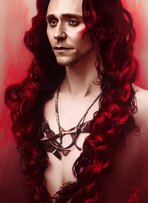 Image similar to portrait of tom hiddleston as a sultry vampire lord, crimson peek, jewelry, greek, ruby, intricate, headshot, highly detailed, digital painting, artstation, concept art, sharp focus, cinematic lighting, illustration, art by artgerm and greg rutkowski, alphonse mucha, cgsociety