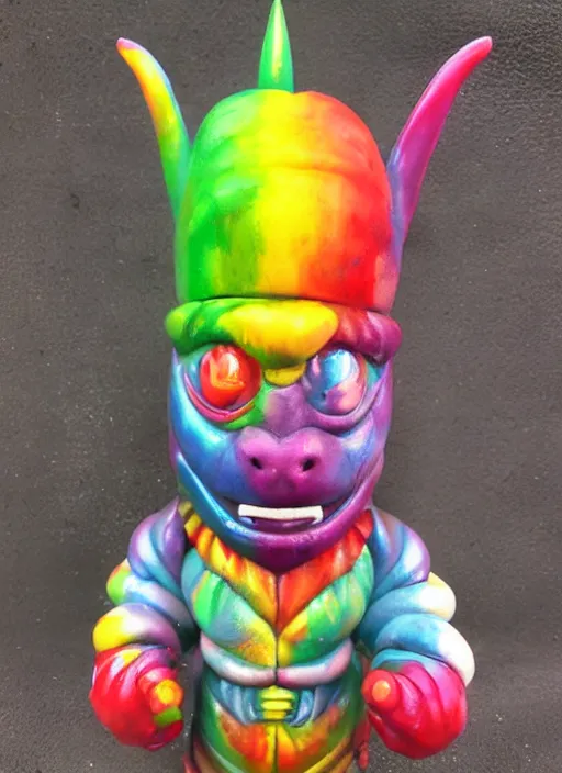 Prompt: kaiju sofubi, rainbow colored, spray painted