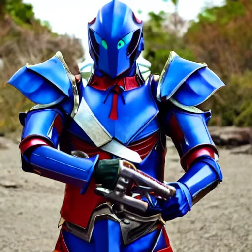 Prompt: High Fantasy Kamen Rider, blue armor with red secondary color, 4k, glowing eyes, daytime, rubber suit, dragon inspired armor, Guyver Dark Hero armor