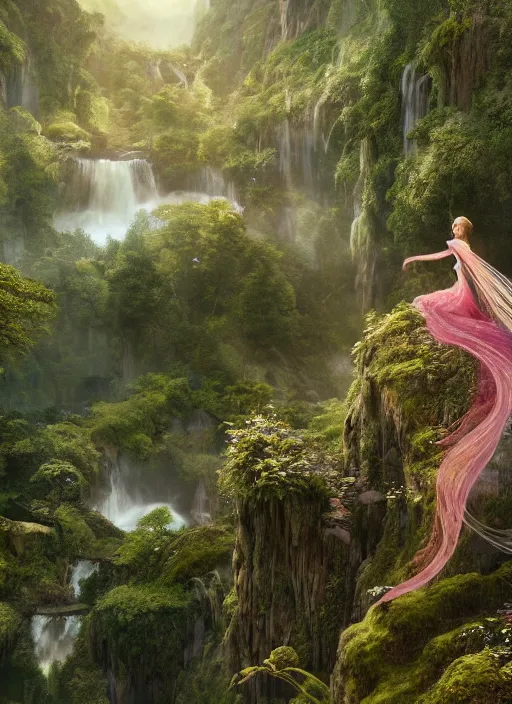 Prompt: an elegant fairy with wings of lace looking at a lord of the rings scenery landscape, vast lush valley flowers and wood structures, stream, sunrise, god's rays highly detailed, vivid color, cinematic lighting, perfect composition, 8 k, gustave dore, derek zabrocki, greg rutkowski, belsinski, octane render