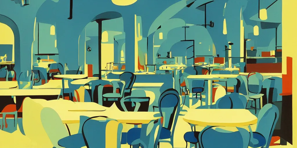 Image similar to cafe interior, blue tone, modernism, gouache, animated film, stylised, illustration, by eyvind earle, scott wills, genndy tartakovski