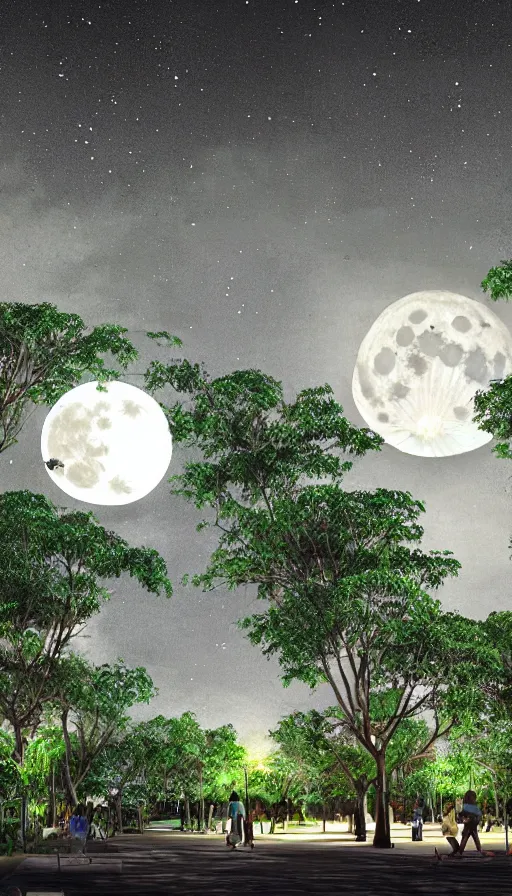 Image similar to a city park at night in Merida Yucatan Mexico with Ceiba trees and a full moon. fantasy illustration