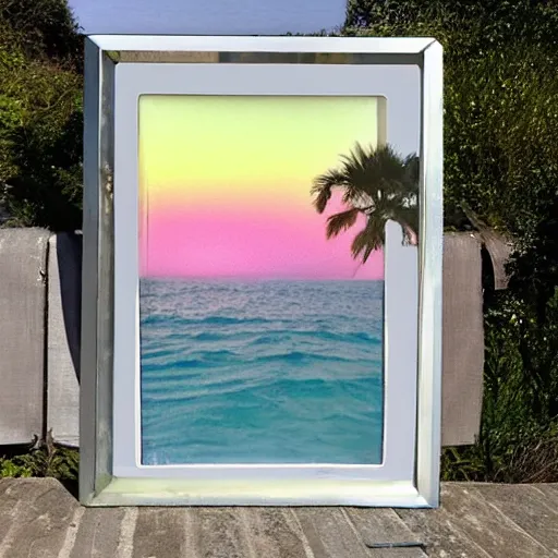 Image similar to a pastel colour high fidelity wide angle Polaroid art photo from a holiday album at a seaside with abstract inflatable parachute furniture, all objects made of transparent iridescent Perspex and metallic silver, no people, iridescence, nostalgic