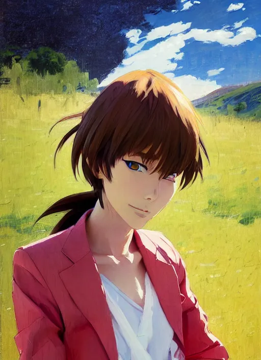 Prompt: portrait of Asuka Soryu Langley from Neon Genesis Evangelion, countryside, calm, fantasy character portrait, dynamic pose, above view, sunny day, thunder clouds in the sky, artwork by Jeremy Lipkin and Giuseppe Dangelico Pino and Michael Garmash and Rob Rey, very coherent asymmetrical artwork, sharp edges, perfect face, simple form, 100mm