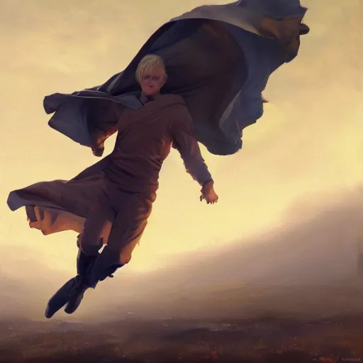 Image similar to blonde boy with golden eyes wearing a brown cape and flying in t pose, energy background, brush strokes, greg rutkowski, oil painting