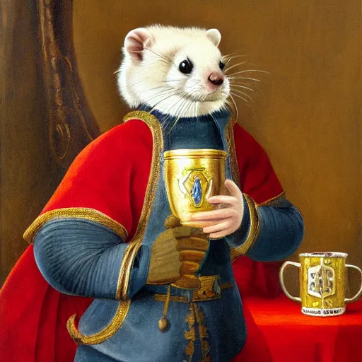 Prompt: detailed painting of a regal ferret dressed in knight armor, holding a mug of ale, castle interior, full view