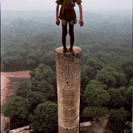 Prompt: A sad innocent boy standing on top of a tower. A photograph by Steve McCurry