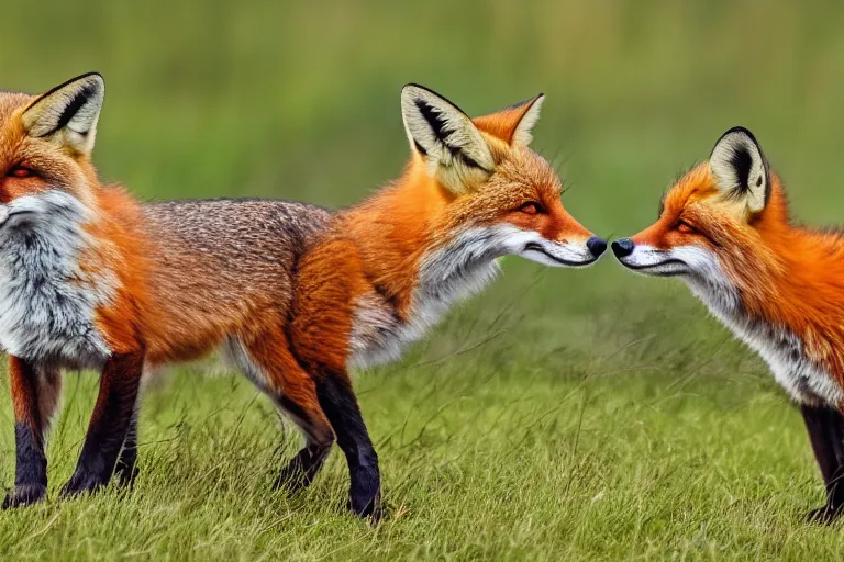 Prompt: Foxes playing in a meadow, rambunctious fox kits, professional animal photography, highly detailed, 8k
