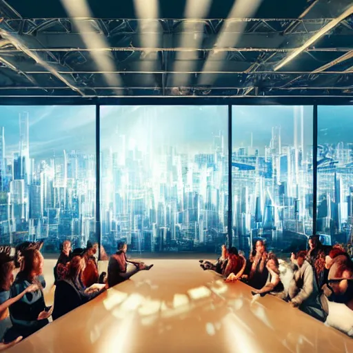 Prompt: large group people in a huge warehouse, looking at hologram of futuristic city on a table | cinematic concept art | sunlight godrays | 4 k | clear details | tabletop model | tabletop model | hologram foreground