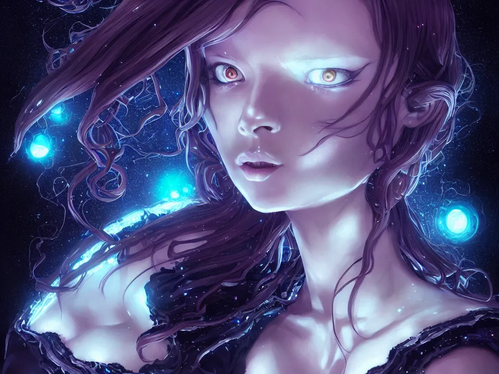 Image similar to azathoth girl wearing a dress made of milky way, conquest the earth, occlusion shadow, specular reflection, rim light, unreal engine, artgerm, artstation, art by hiroaki samura and ilya kuvshinov and ossdraws, intricate, highly detailed 8 k, fantasy illustration, extremely beautiful and aesthetic shape of face and body