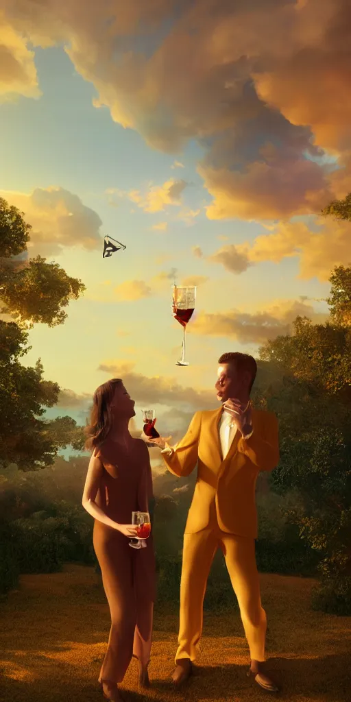 Prompt: a man and a woman floating on a cloud having a drink of Champaign high in the sky above Sint-Marteen and , naive artstation, matte painting, goldenhour, unreal engine