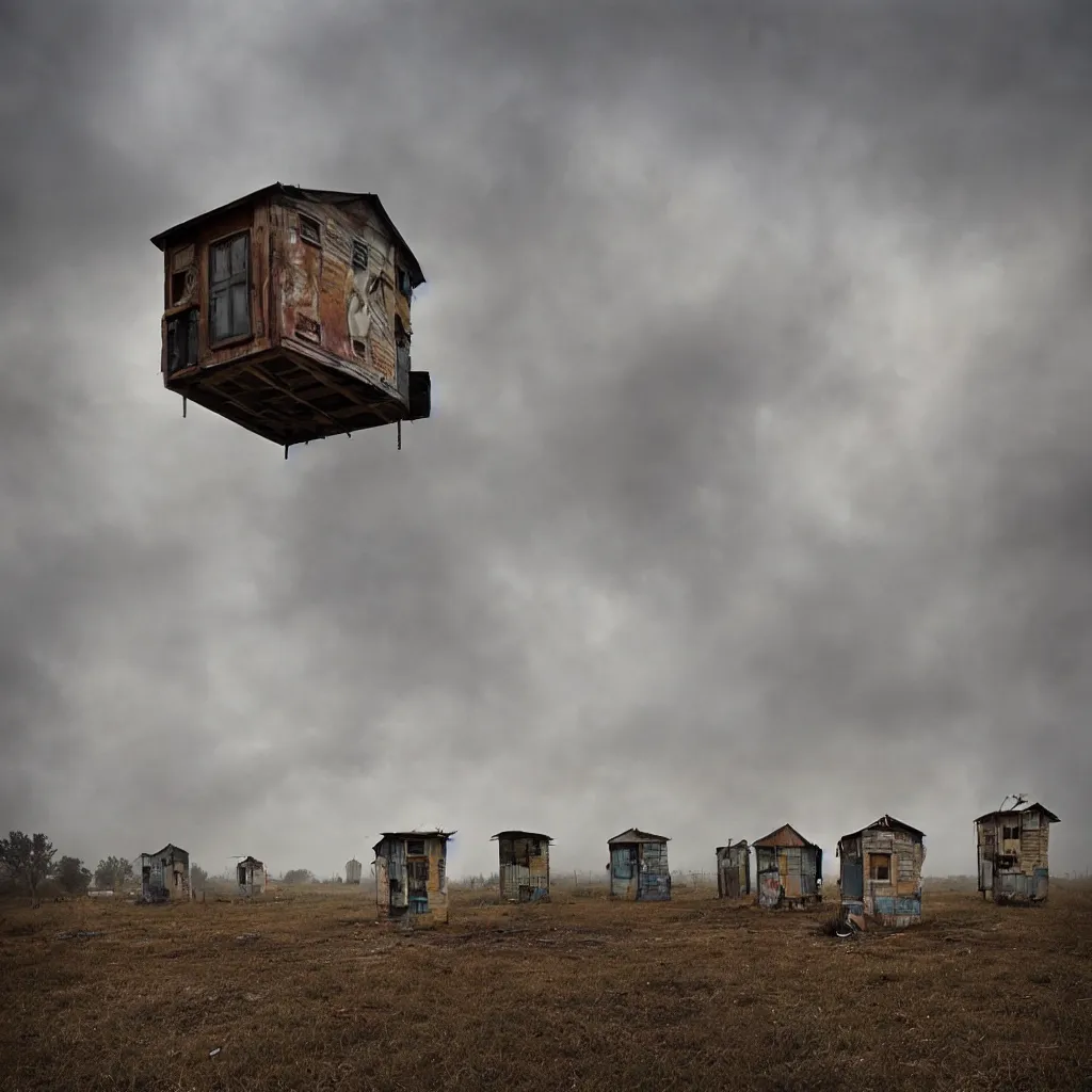 Image similar to circular towers, made up of makeshift squatter shacks with faded colours, apocalyptic sky, misty, dystopia, mamiya rb 6 7, fully frontal view, ultra sharp, very detailed, photographed by julie blackmon