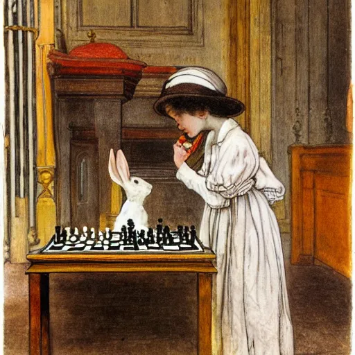 Image similar to a young edwardian woman playing chess against a rabbit inside a church in the style of Carl Larsson