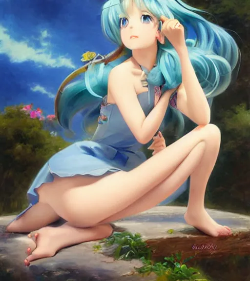 Prompt: Anime art very beautiful Hatsune miku by Gil Elvgren, Vladimir Volegov, Earl Moran, Enoch Bolles, near pond