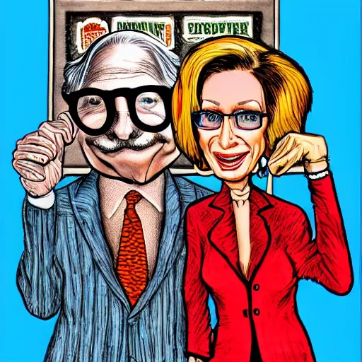 Image similar to The Artwork of R. Crumb and his Cheap Suit Mitch McConnell and Nancy Pelosi, pencil and colored marker artwork, trailer-trash lifestyle