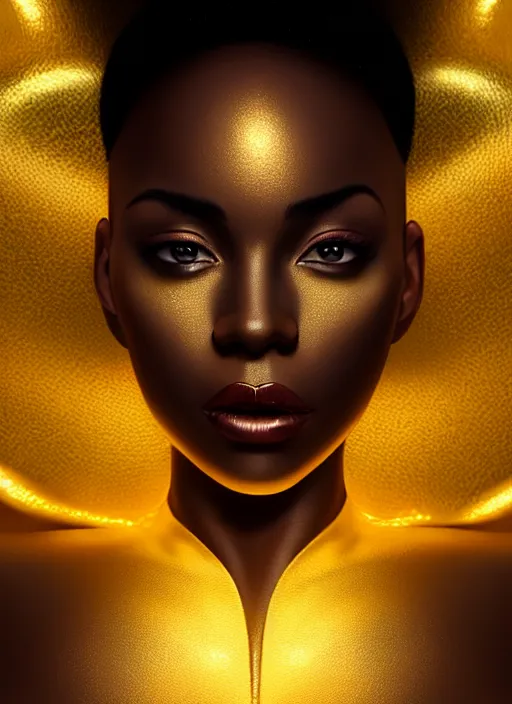 Prompt: a gorgeous black woman oil painting, soft lighting, wearing shiny gold catsuit, illuminated only by floating, glowing alien symbols, realistic, smooth face, perfect eyes, wide angle, sharp focus on eyes, 8 k high definition, insanely detailed, intricate, elegant, art by artgerm, livia prima and wlop