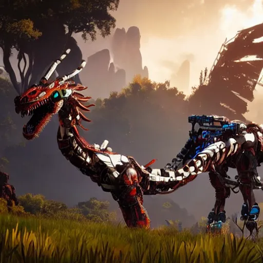 Image similar to cinematic still of horizon zero dawn, si - fi robotic dragon, highly detailed