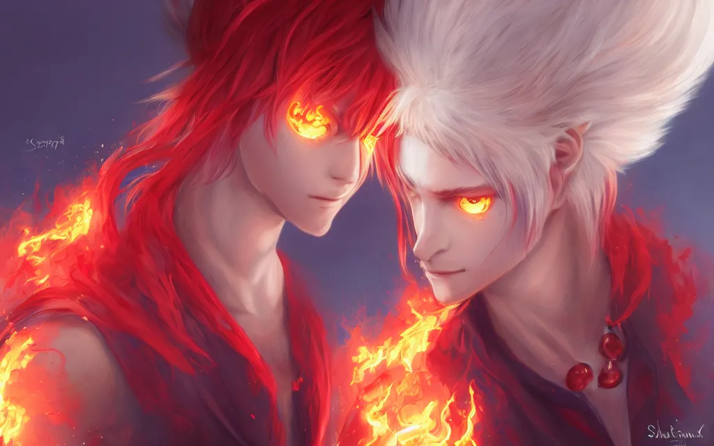 Image similar to A realistic anime portrait of a beautiful fire spirit twins with glowing red eyes and firey skin wearing clothes made of flames, digital painting, by Stanley Artgerm Lau, Sakimichan, WLOP and Rossdraws, digtial painting, trending on ArtStation, SFW version