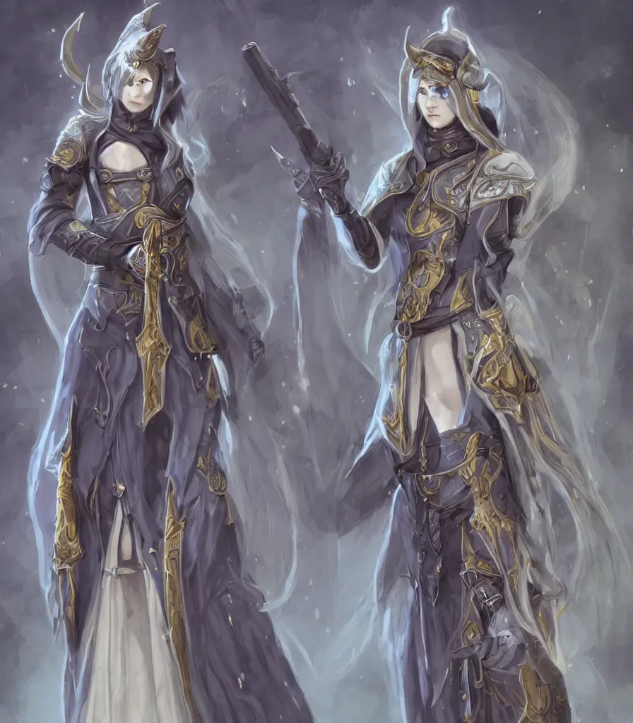 Prompt: female character concept, tiefling cleric gunslinger holding pistol, final fantasy concept, full body, grey skin, fine detailed, demon tail, blue cleric priestess robe with golden embroidery, nun veil, final fantasy character art, game character design, dark fantasy