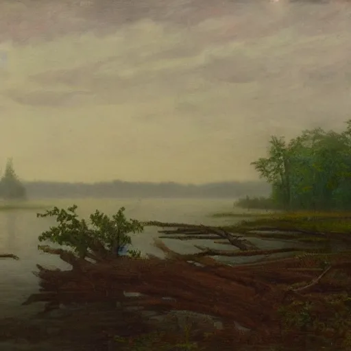 Prompt: log causeway, dangerous swamp, foggy, hudson river school painting, naturalism