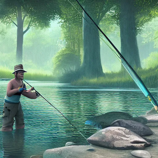 Prompt: painting of otter-fishman with fishing rod, stylized, octane render, morning forest river