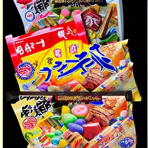 Image similar to 8 k 3 d capture scan of japanese candy package, high textured, conceptual, intricate detailed painting, illustration sharp detail, manga 1 9 9 0