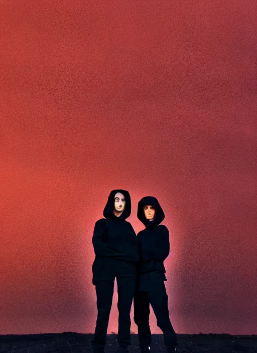 Image similar to cinestill 5 0 d photograph of 2 women wearing black techwear in front of a brutalist sharp - edged metal building, closeup, on a desolate plain with a red sky, dystopia, cyberpunk, 4 k, 8 k, depth of field, high resolution, realistic faces, hd, raw